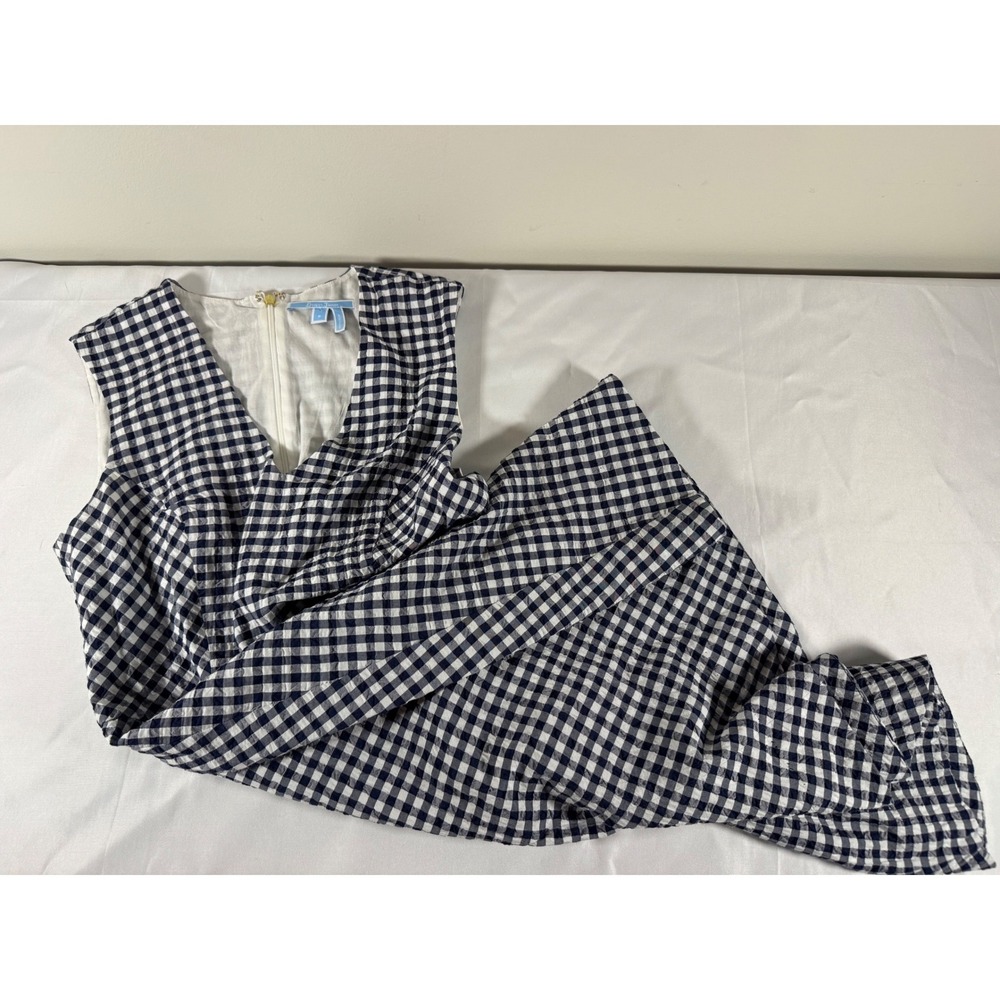 Draper James Navy White Gingham Seersucker V-Neck Midi Dress Size 8